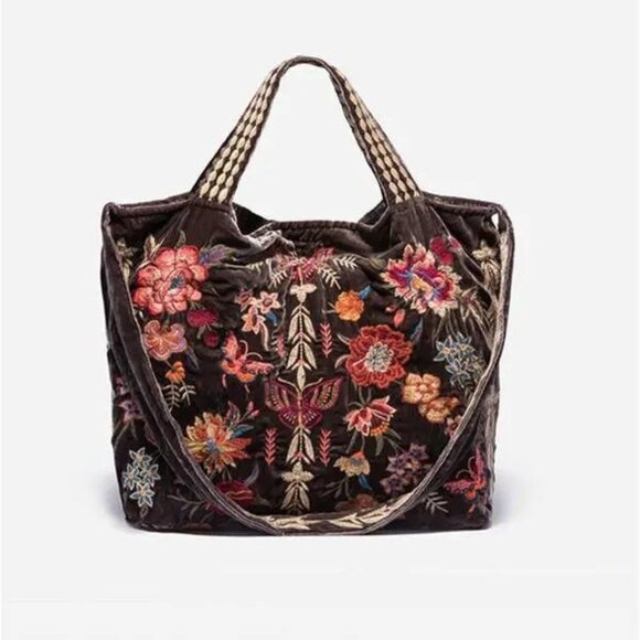 Johnny Was Taline Velveteen Hobo Tote Bag in Coffee Bean Brown - Picture 8 of 9